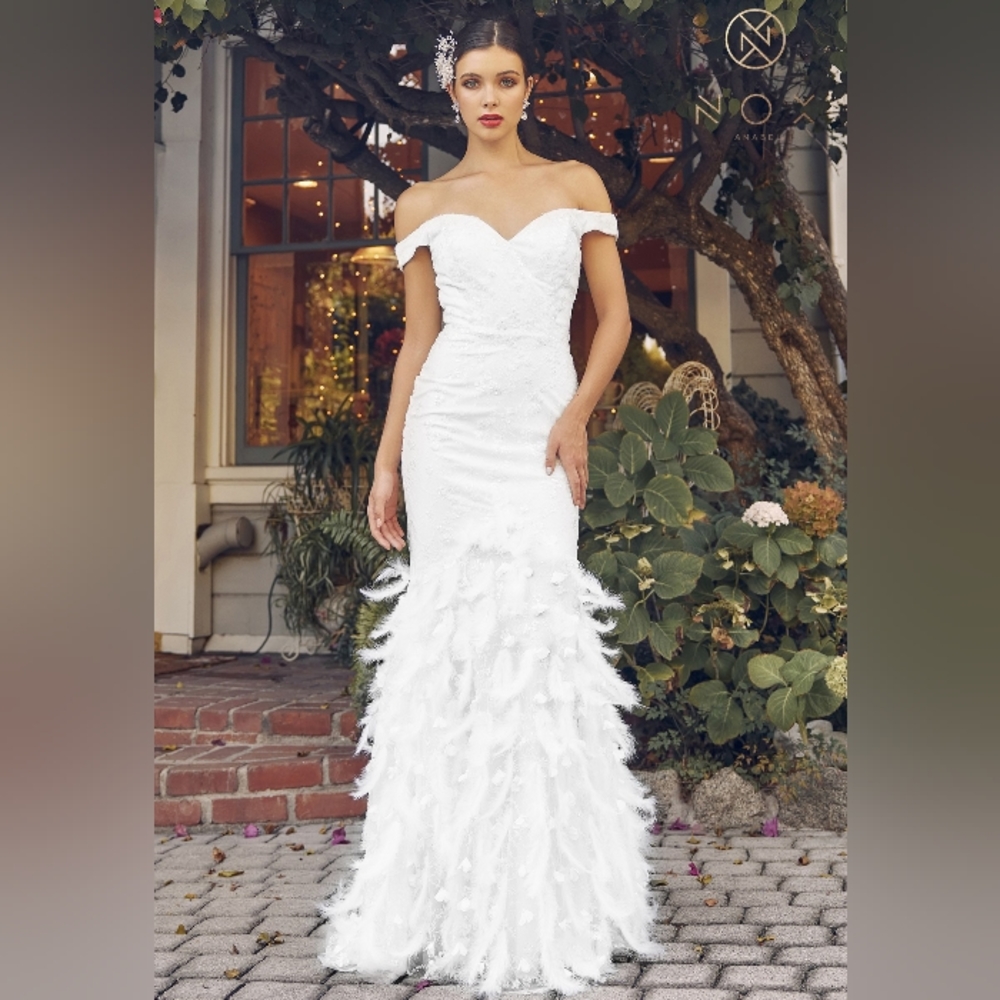 White off the shoulder beaded mermaid long feather detail wedding dress